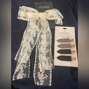 Wild Fable Cream Lace Hair Bow with Black and Gold Hair Clips